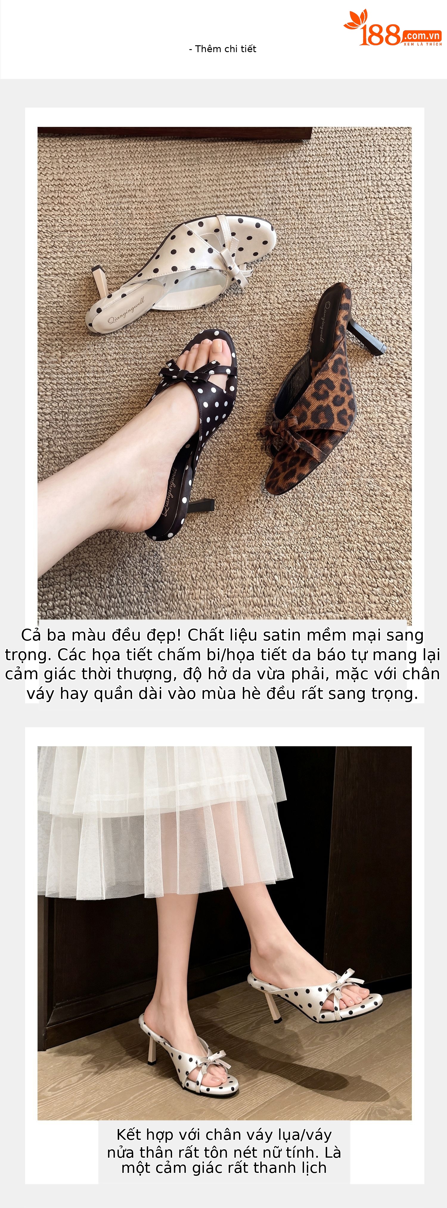 Sandal cao gót nữ hở mũi phong cách Pháp, chất liệu satin họa tiết chấm bi/chấm sóng, gót nhọn 9 cm — Điểm sóng đen, Trang chủ, Điểm sóng trắng chi tiết 8