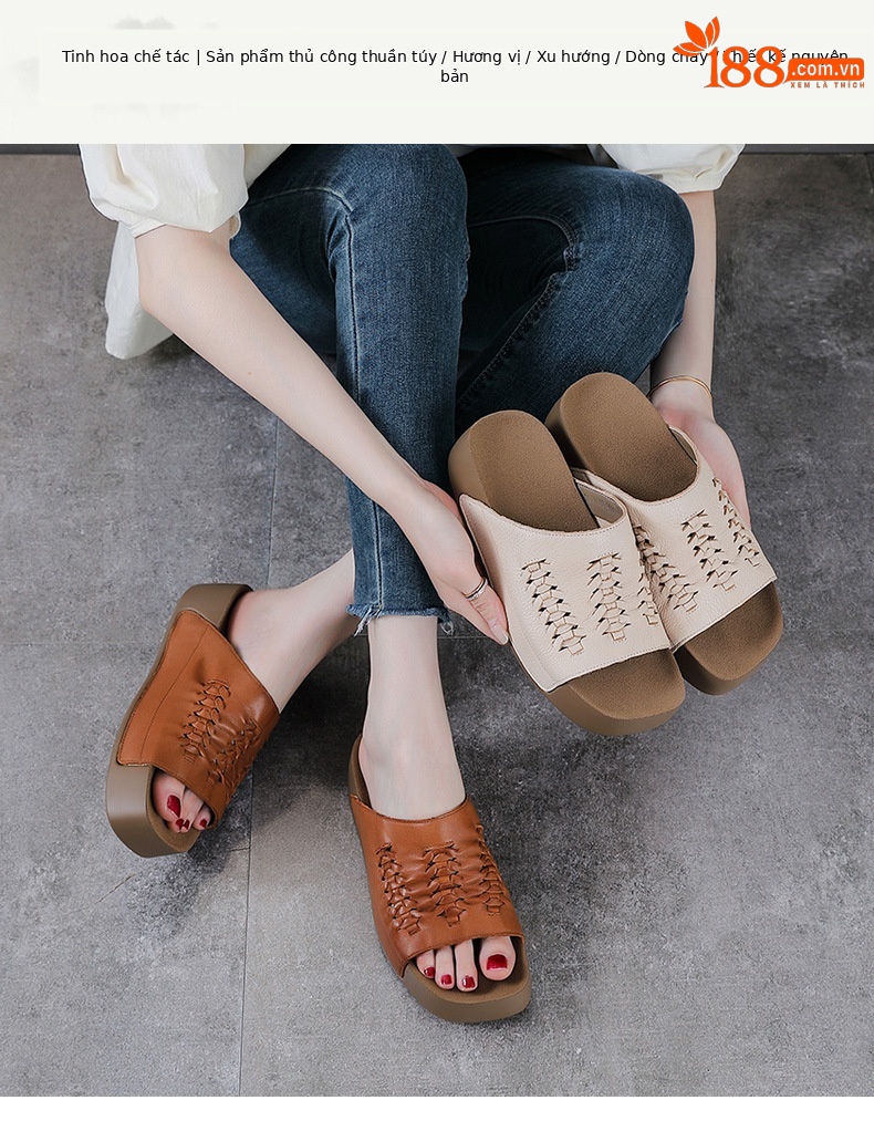 Dép sandal nữ quai ngang da bò thật đế dày phong cách cổ điển — màu be chi tiết 1