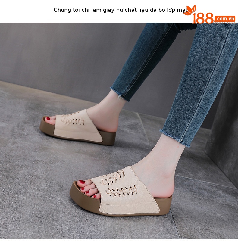 Dép sandal nữ quai ngang da bò thật đế dày phong cách cổ điển — màu be chi tiết 2