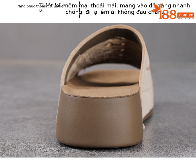 Dép sandal nữ quai ngang da bò thật đế dày phong cách cổ điển — màu be chi tiết 6
