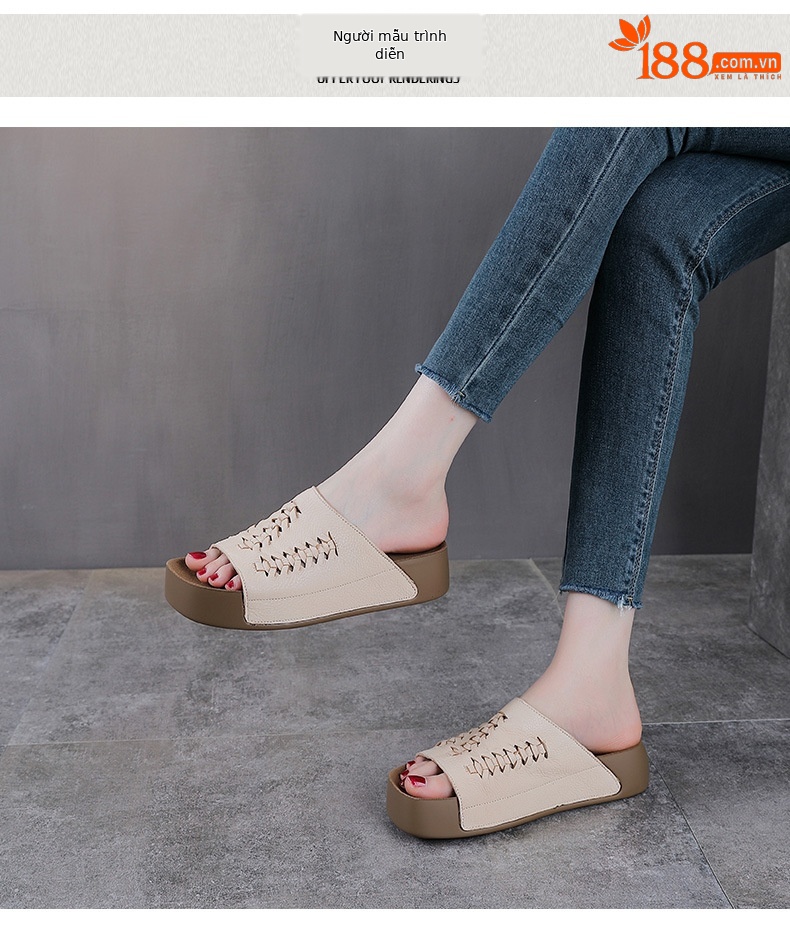Dép sandal nữ quai ngang da bò thật đế dày phong cách cổ điển — màu be chi tiết 9