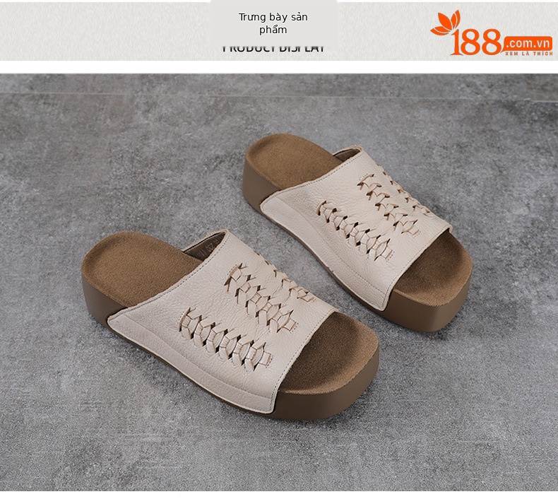 Dép sandal nữ quai ngang da bò thật đế dày phong cách cổ điển — màu be chi tiết 10