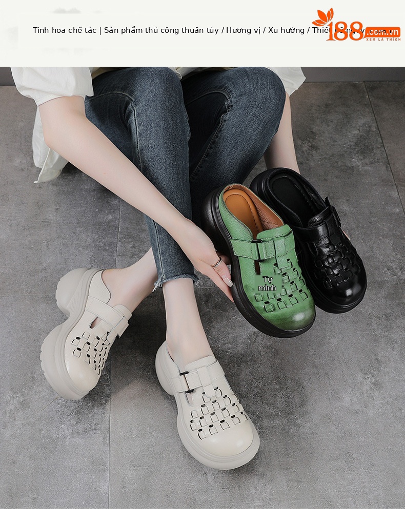 Sandal cao gót nữ mũi nhọn đế dày, phong cách thủ công dân tộc, gót 9 cm — màu be chi tiết 1