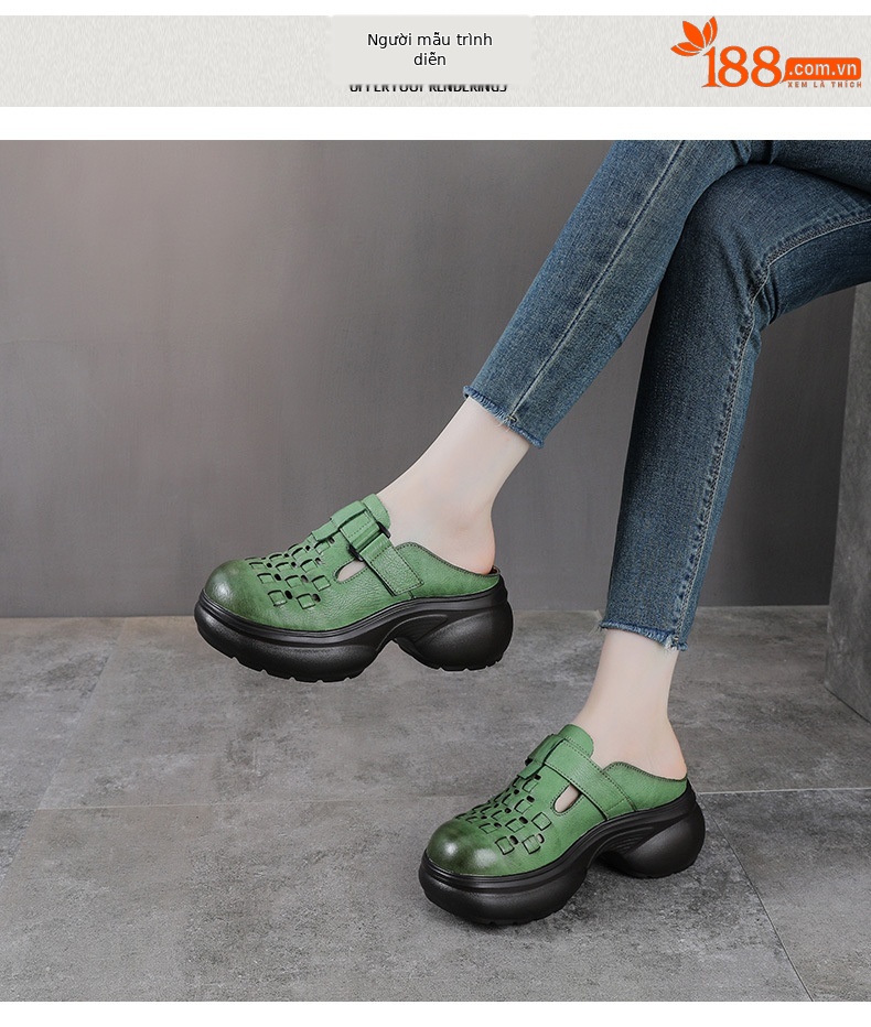 Sandal cao gót nữ mũi nhọn đế dày, phong cách thủ công dân tộc, gót 9 cm — màu be chi tiết 9