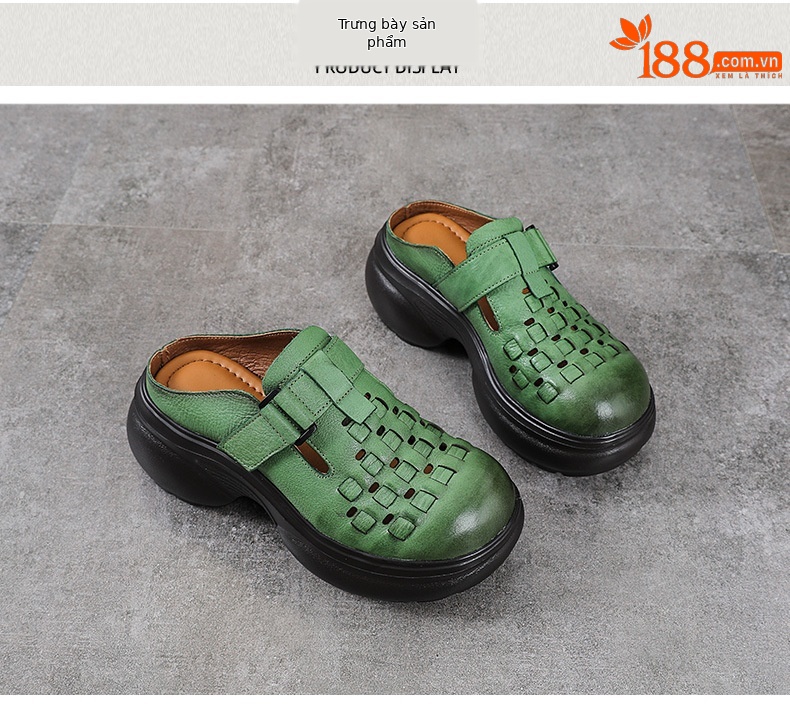 Sandal cao gót nữ mũi nhọn đế dày, phong cách thủ công dân tộc, gót 9 cm — màu be chi tiết 10