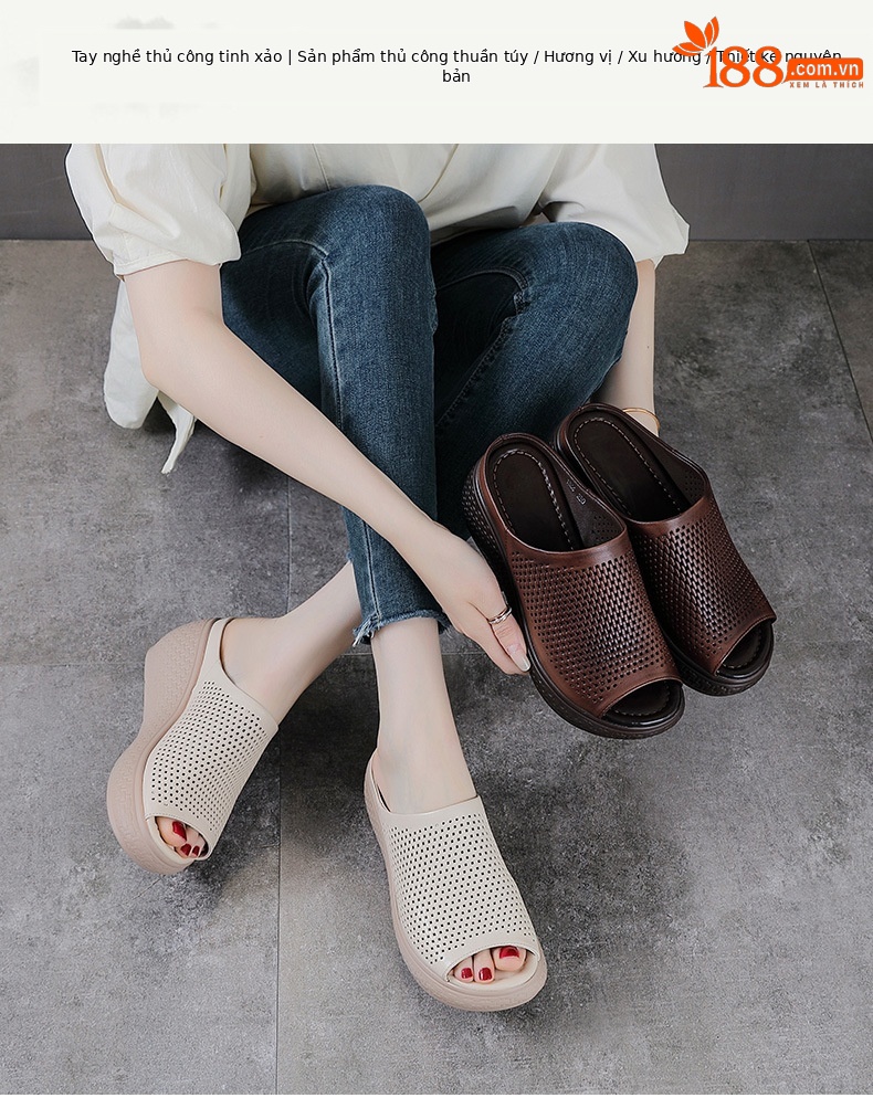 Dép sandal nữ quai chữ V đơn giản, đế xuồng cao, da bò thật, mũi hở — màu nâu chi tiết 1