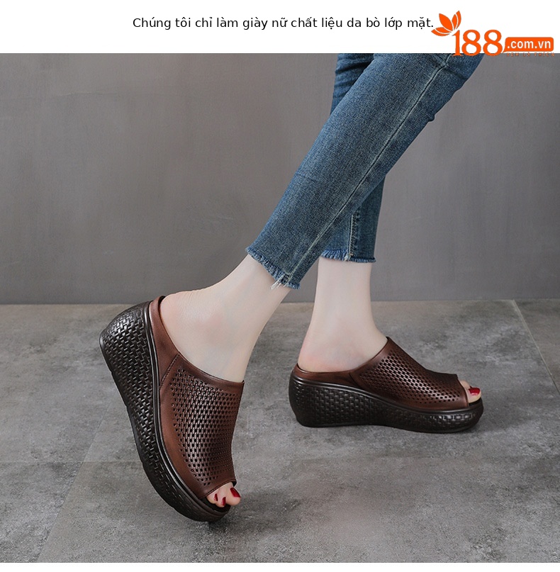 Dép sandal nữ quai chữ V đơn giản, đế xuồng cao, da bò thật, mũi hở — màu nâu chi tiết 2