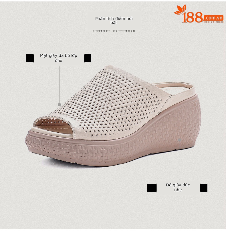 Dép sandal nữ quai chữ V đơn giản, đế xuồng cao, da bò thật, mũi hở — màu nâu chi tiết 3