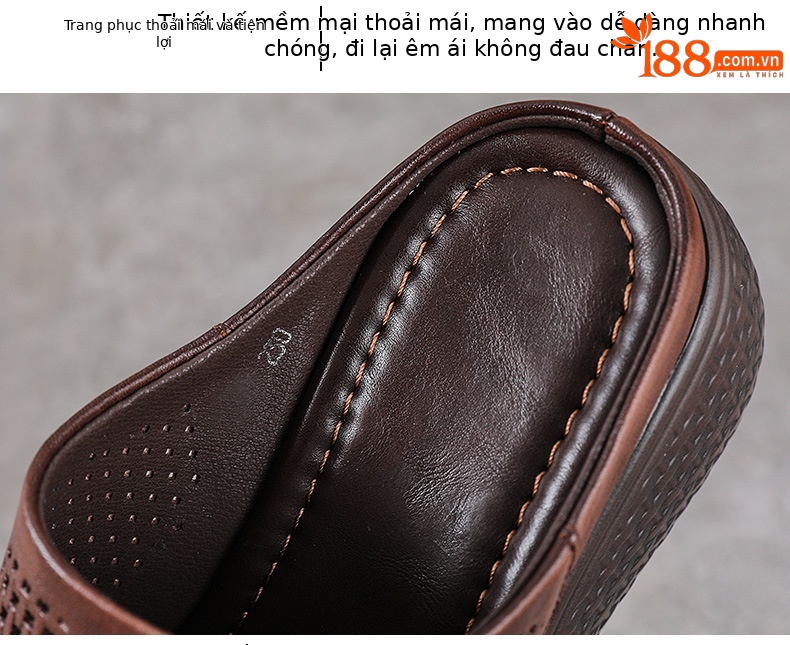 Dép sandal nữ quai chữ V đơn giản, đế xuồng cao, da bò thật, mũi hở — màu nâu chi tiết 6