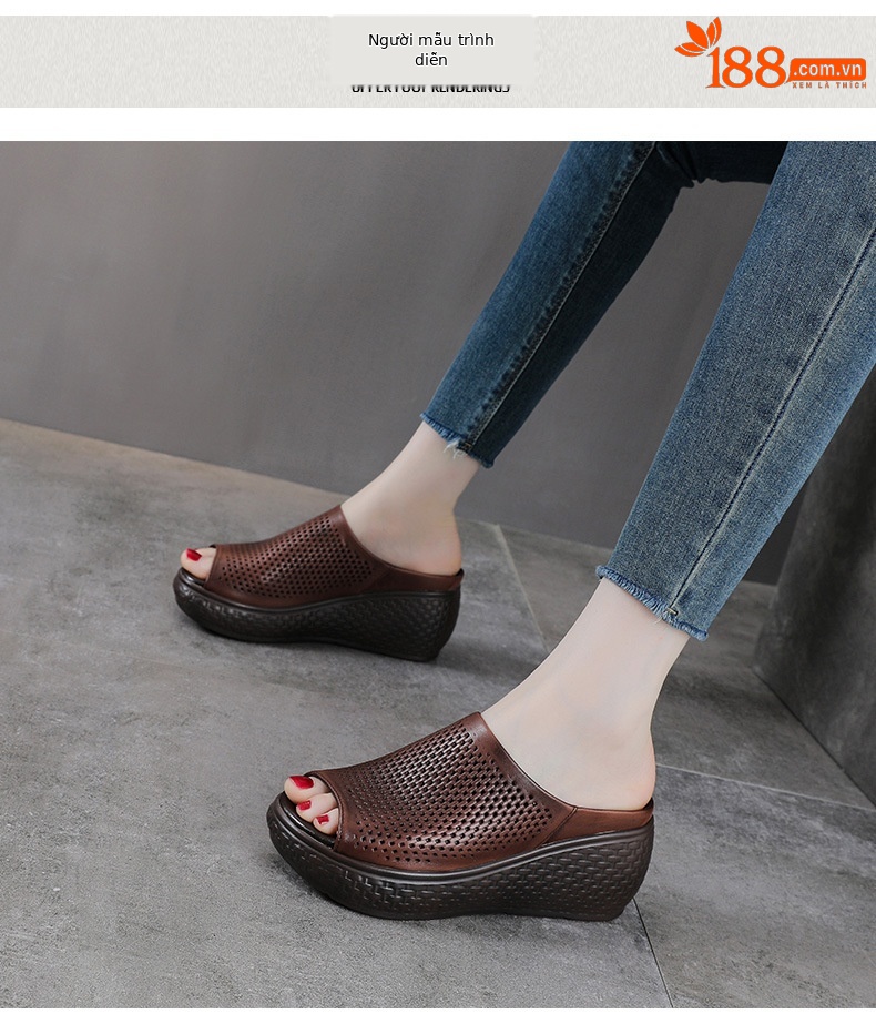 Dép sandal nữ quai chữ V đơn giản, đế xuồng cao, da bò thật, mũi hở — màu nâu chi tiết 9