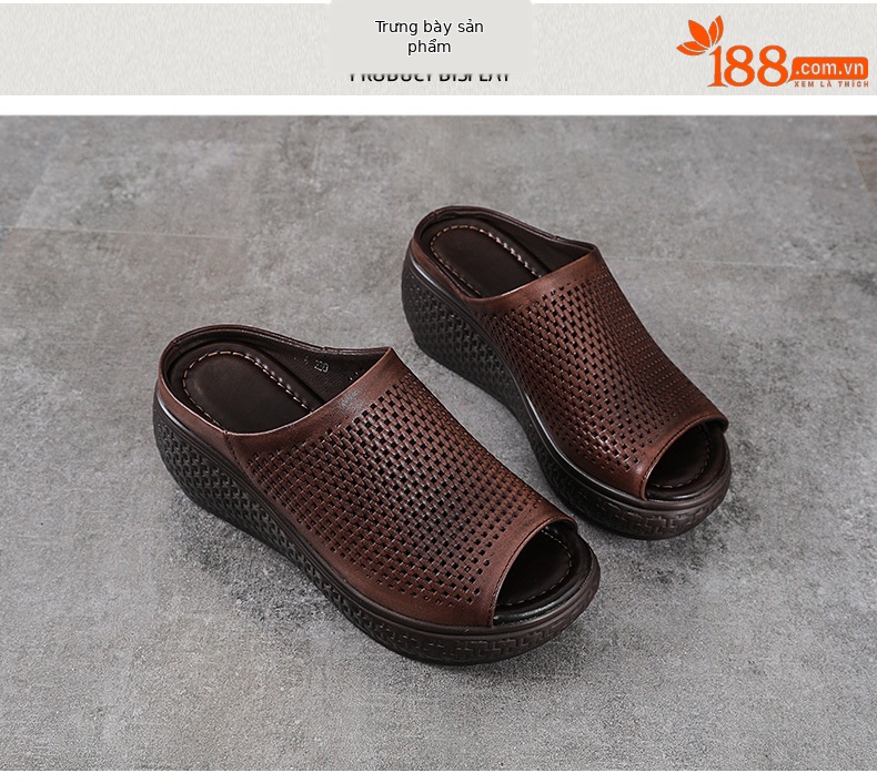 Dép sandal nữ quai chữ V đơn giản, đế xuồng cao, da bò thật, mũi hở — màu nâu chi tiết 10