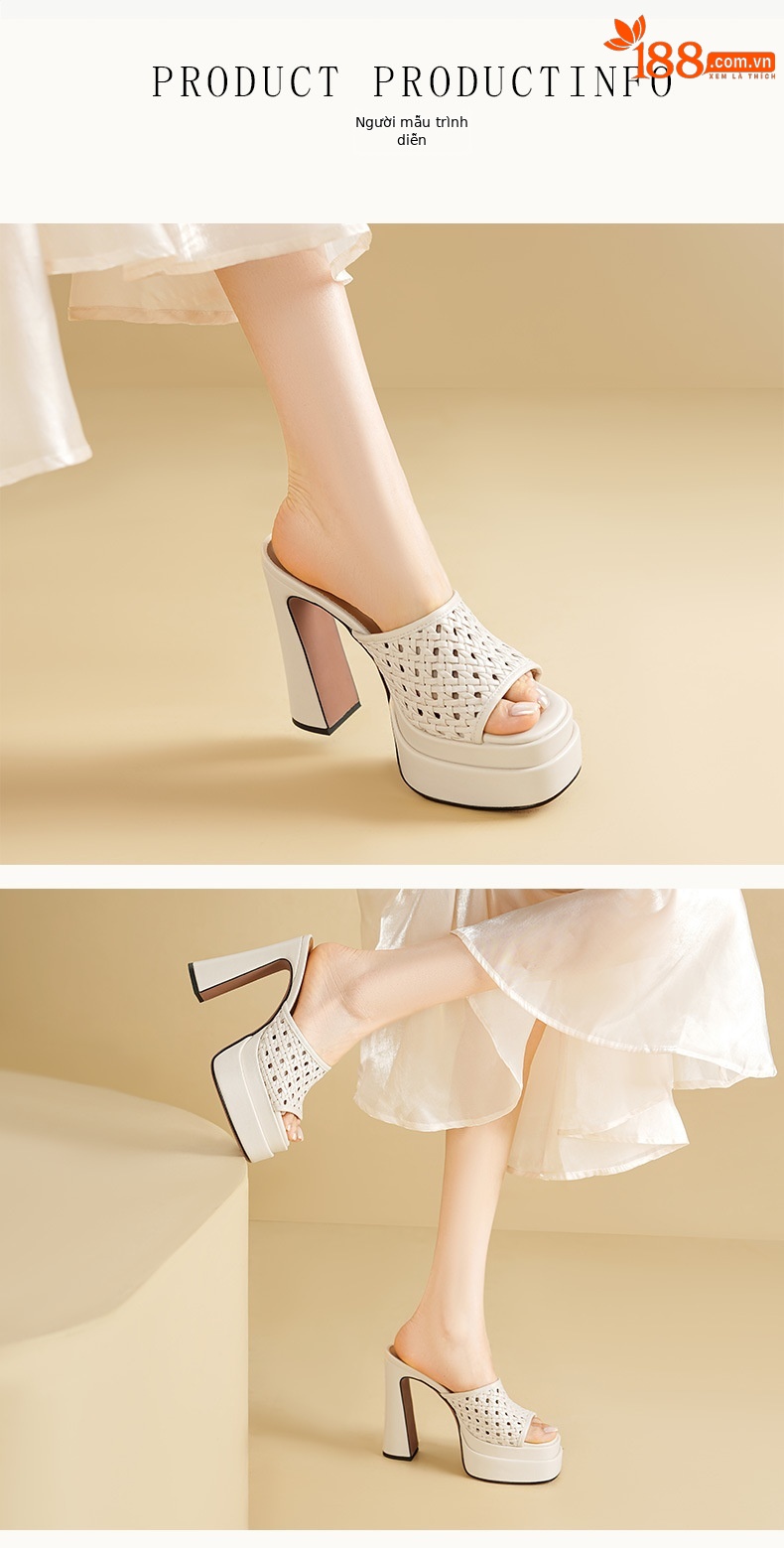 Sandal cao gót nữ hở mũi đế xuồng da thật gót 13 cm — màu đen, màu trắng ngà chi tiết 2