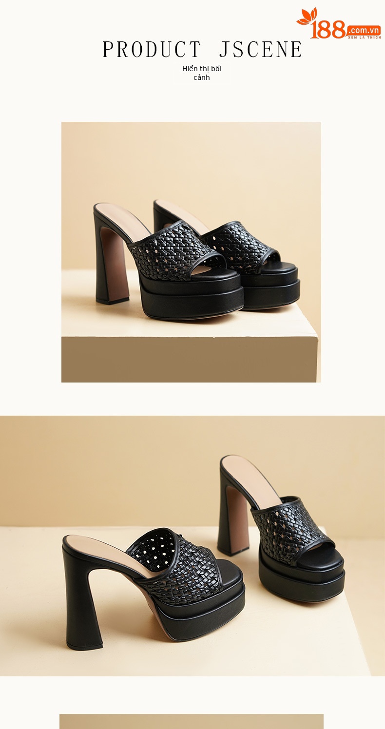 Sandal cao gót nữ hở mũi đế xuồng da thật gót 13 cm — màu đen, màu trắng ngà chi tiết 5