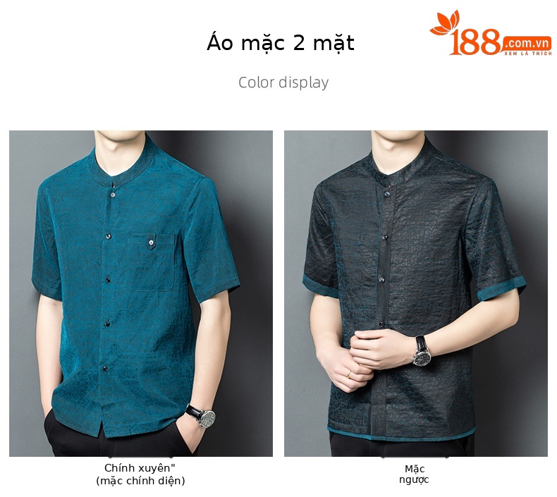 Áo sơ mi nam tay ngắn lụa tơ tằm hai mặt mùa hè — Xanh da trời26702 chi tiết 7