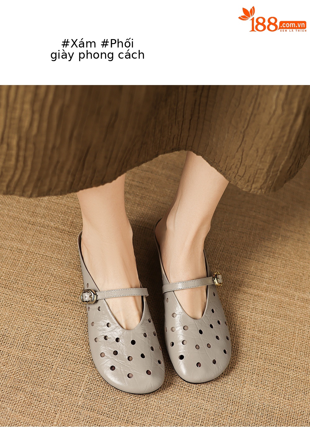 Sandal nữ da dê đục lỗ mũi trùm quai ngang hở gót — đen chi tiết 8