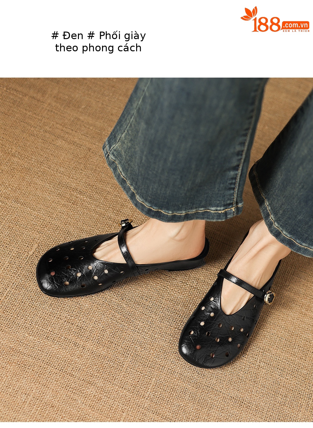 Sandal nữ da dê đục lỗ mũi trùm quai ngang hở gót — đen chi tiết 9