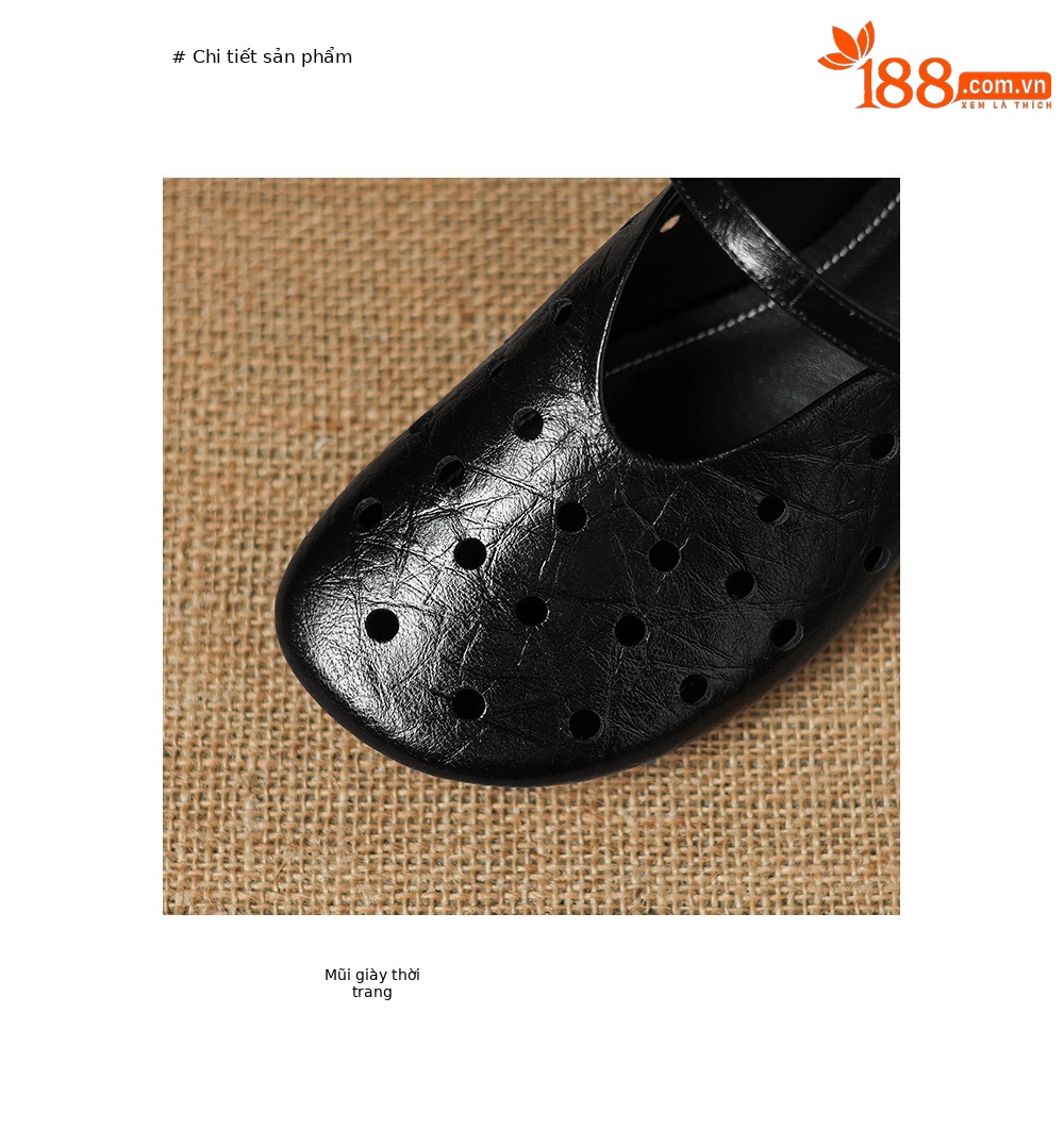 Sandal nữ da dê đục lỗ mũi trùm quai ngang hở gót — đen chi tiết 16