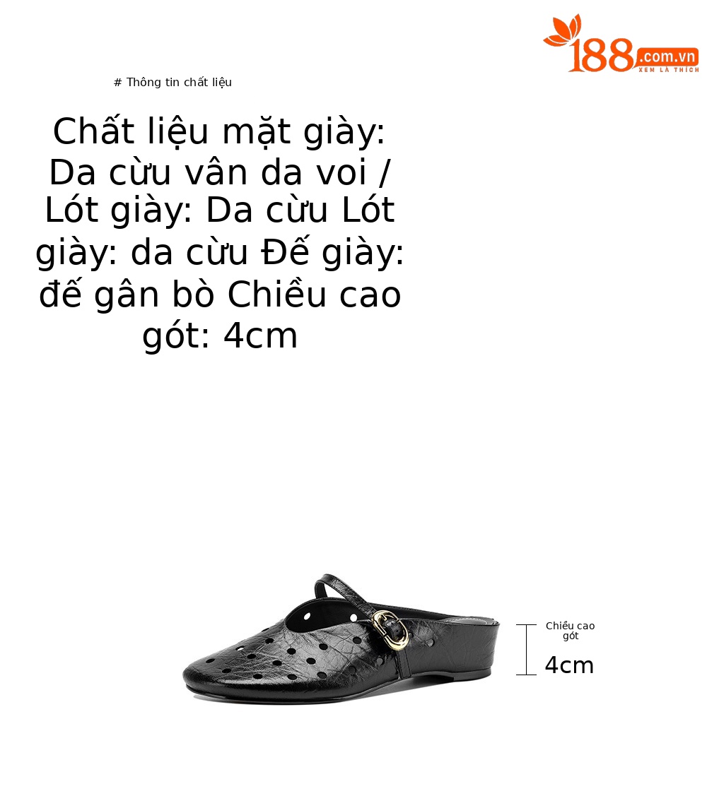 Sandal nữ da dê đục lỗ mũi trùm quai ngang hở gót — đen chi tiết 4