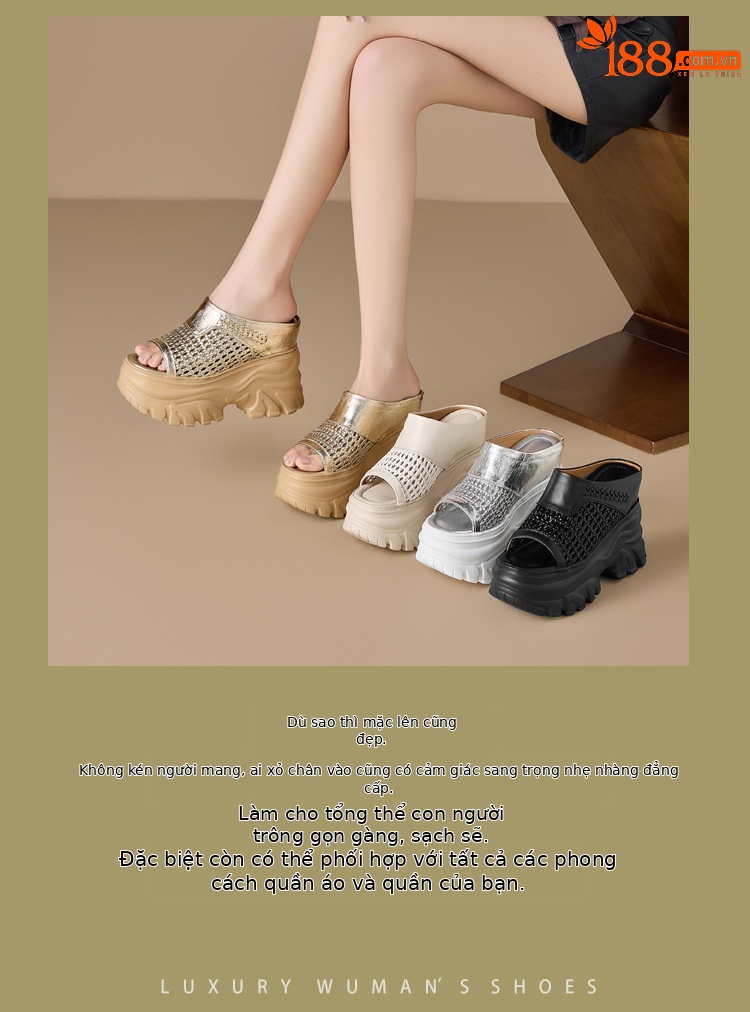 Dép sandal nữ quai chữ V đế bánh mì cao 13cm, chất liệu nhựa dẻo thoáng khí — màu đen, màu trắng ngà, Vàng nhạt, bạc chi tiết 2