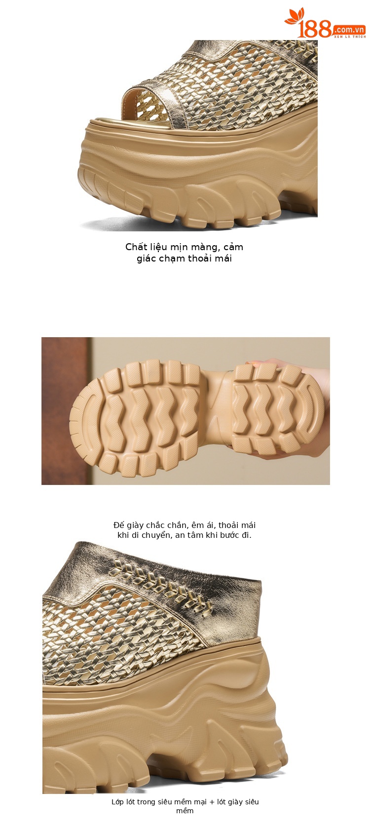 Dép sandal nữ quai chữ V đế bánh mì cao 13cm, chất liệu nhựa dẻo thoáng khí — màu đen, màu trắng ngà, Vàng nhạt, bạc chi tiết 4