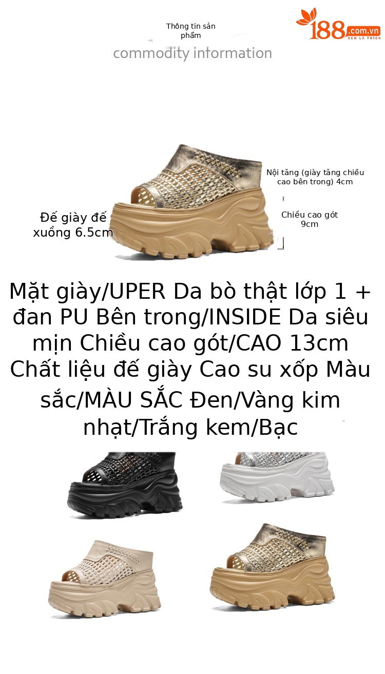 Dép sandal nữ quai chữ V đế bánh mì cao 13cm, chất liệu nhựa dẻo thoáng khí — màu đen, màu trắng ngà, Vàng nhạt, bạc chi tiết 3