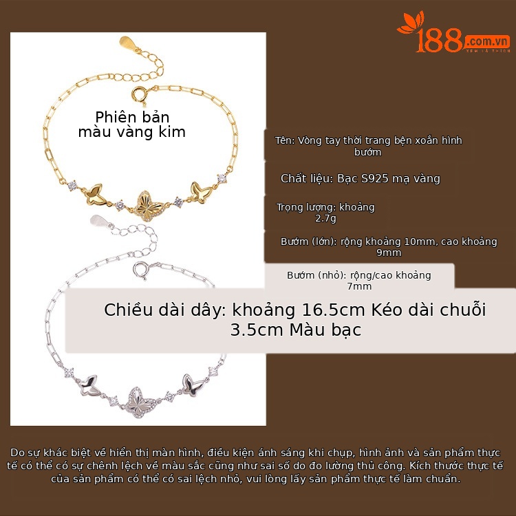 Lắc tay nữ bạc S925 mạ vàng hình bướm phong cách tối giản — Bạc chi tiết 2