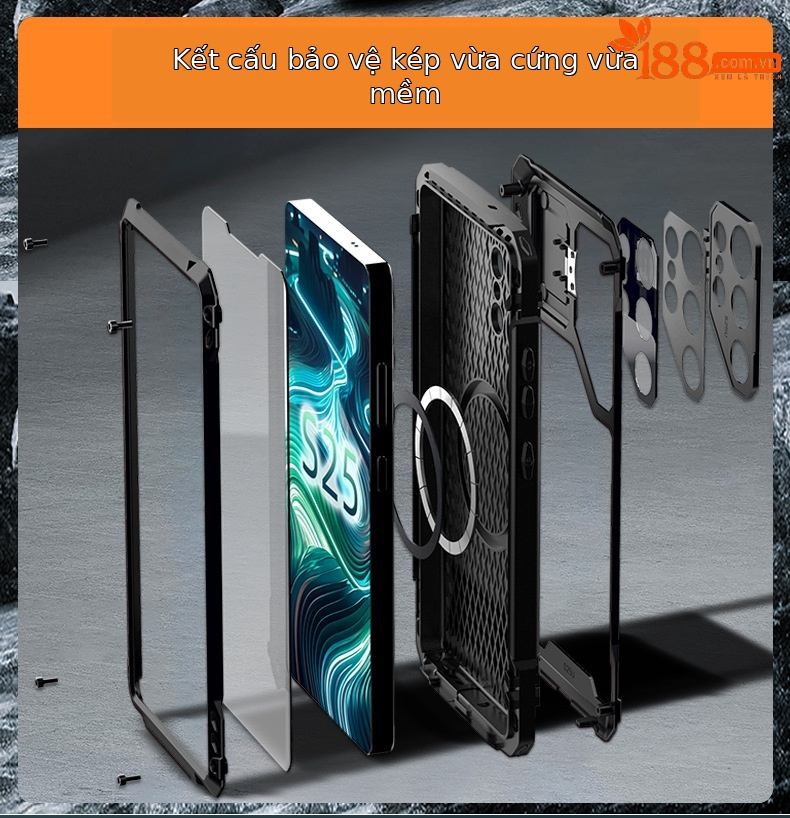 Ốp lưng Samsung S26 Ultra kim loại chống sốc, khung viền dày bảo vệ toàn diện, có giá đỡ ống kính và nam châm MagSafe — Đen, Đỏ, Xanh dương chi tiết 7