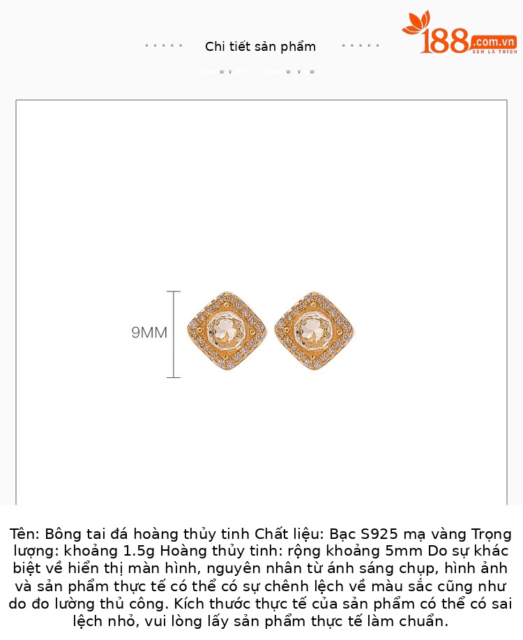 Bông tai bạc S925 mạ vàng đính đá hình học vuông nhỏ phong cách thời trang — Cặp đôi chi tiết 3