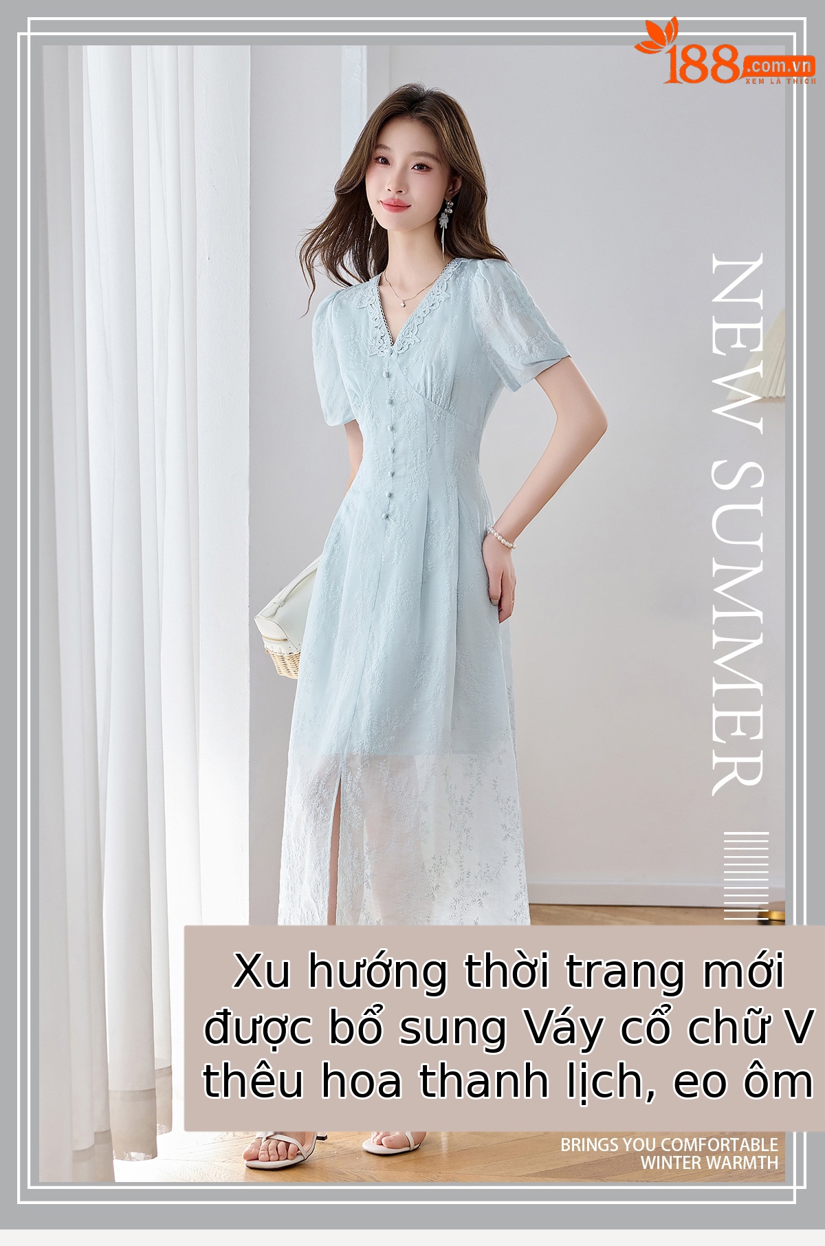 Đầm maxi nữ thêu hoa cổ V thắt eo phong cách cổ điển dài — màu xanh nhạt, màu sắc chi tiết 1