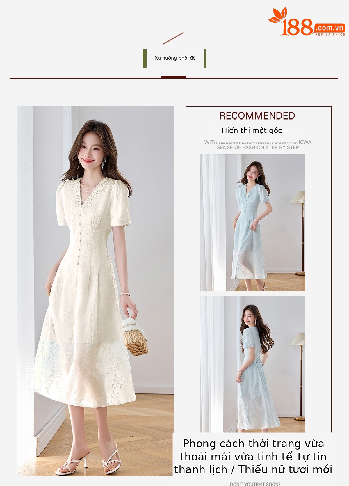 Đầm maxi nữ thêu hoa cổ V thắt eo phong cách cổ điển dài — màu xanh nhạt, màu sắc chi tiết 2