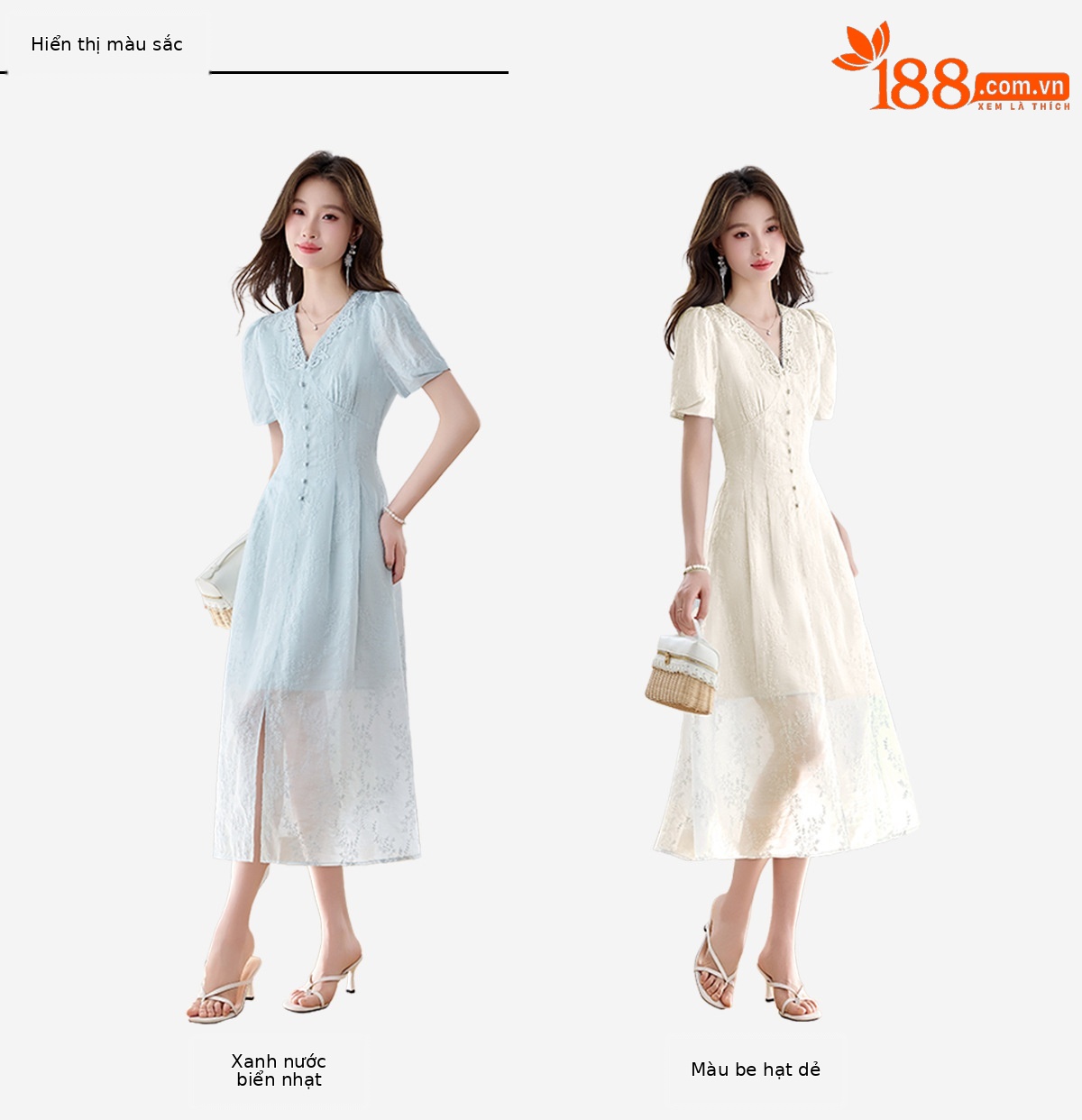 Đầm maxi nữ thêu hoa cổ V thắt eo phong cách cổ điển dài — màu xanh nhạt, màu sắc chi tiết 3