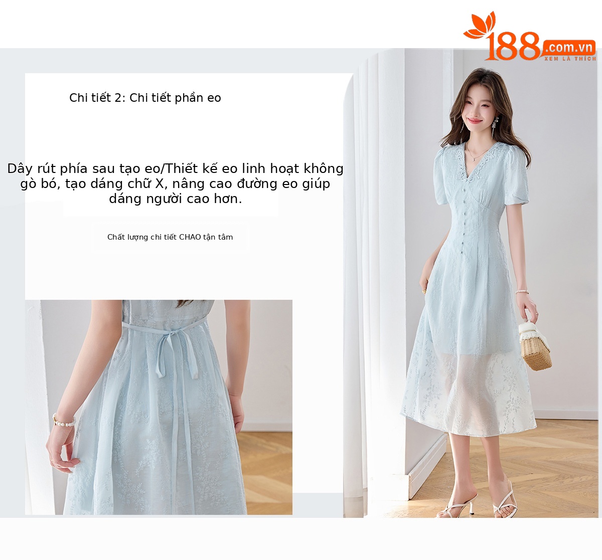 Đầm maxi nữ thêu hoa cổ V thắt eo phong cách cổ điển dài — màu xanh nhạt, màu sắc chi tiết 5