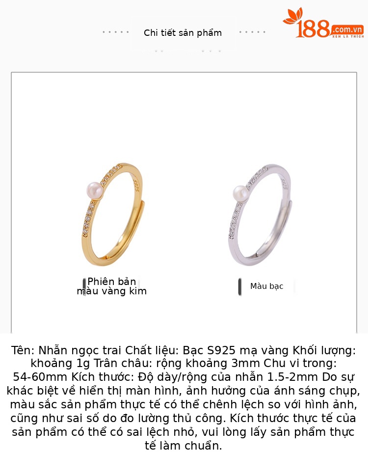 Nhẫn bạc S925 mạ vàng đính ngọc trai nước ngọt tự nhiên kiểu hở mũi đơn giản thời trang — Bạc chi tiết 2