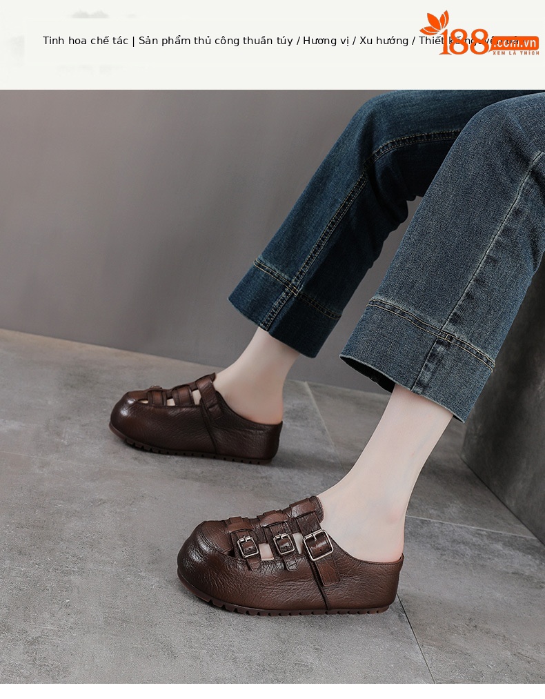 Dép sandal nữ da bò mũi kín đế dày lỗ thoáng khí — màu nâu chi tiết 1