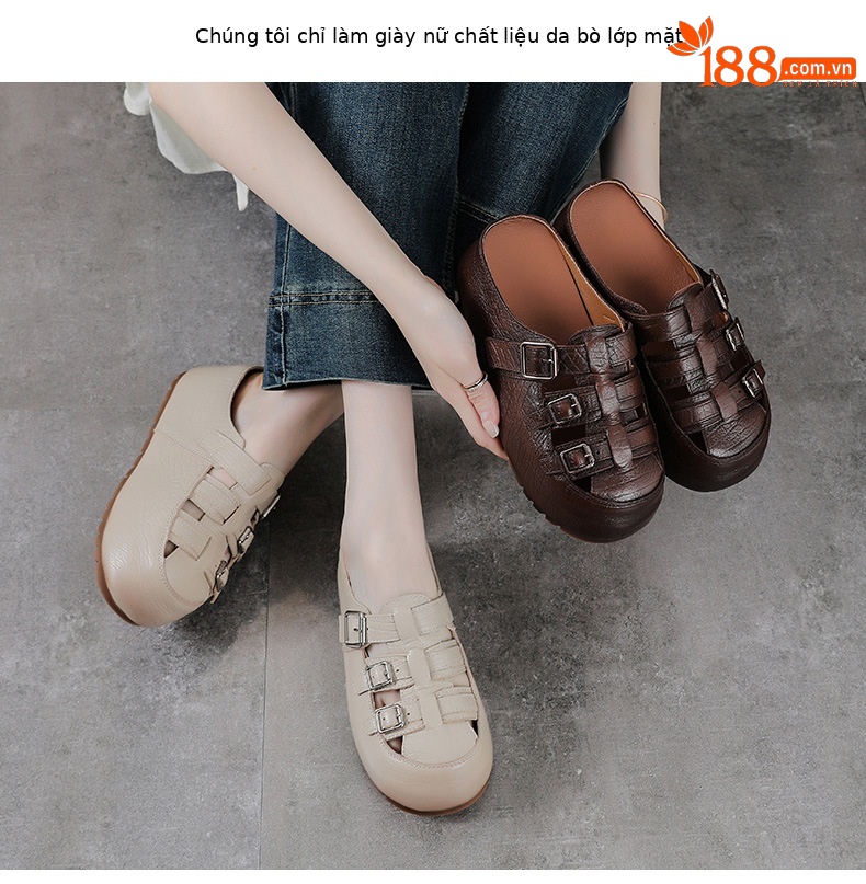 Dép sandal nữ da bò mũi kín đế dày lỗ thoáng khí — màu nâu chi tiết 2