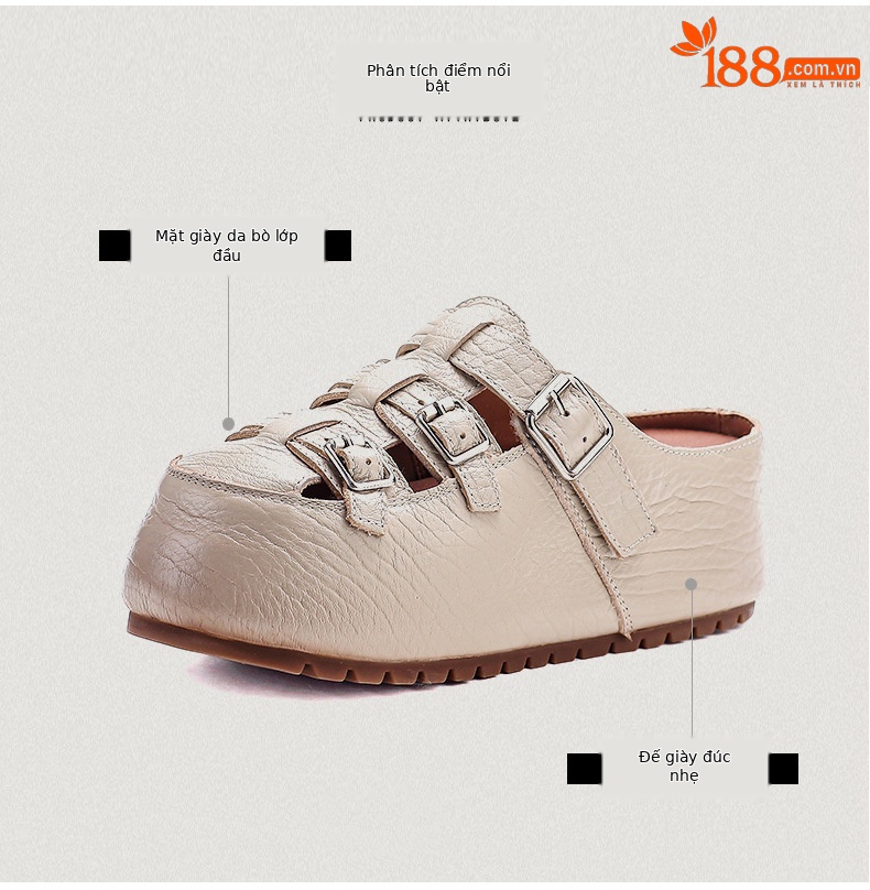 Dép sandal nữ da bò mũi kín đế dày lỗ thoáng khí — màu nâu chi tiết 3