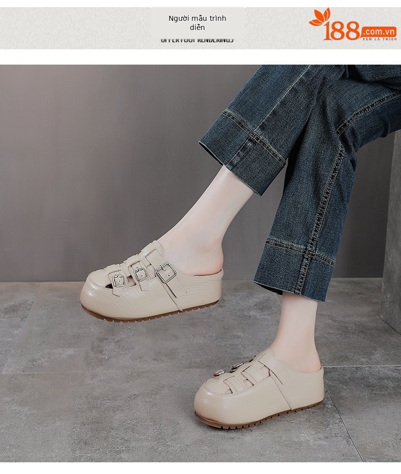 Dép sandal nữ da bò mũi kín đế dày lỗ thoáng khí — màu nâu chi tiết 9