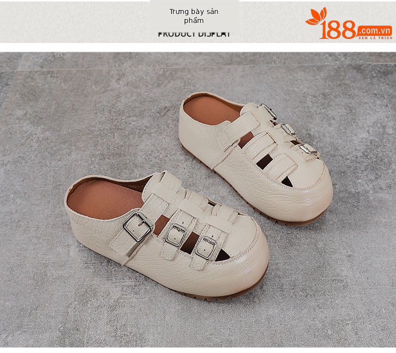 Dép sandal nữ da bò mũi kín đế dày lỗ thoáng khí — màu nâu chi tiết 10