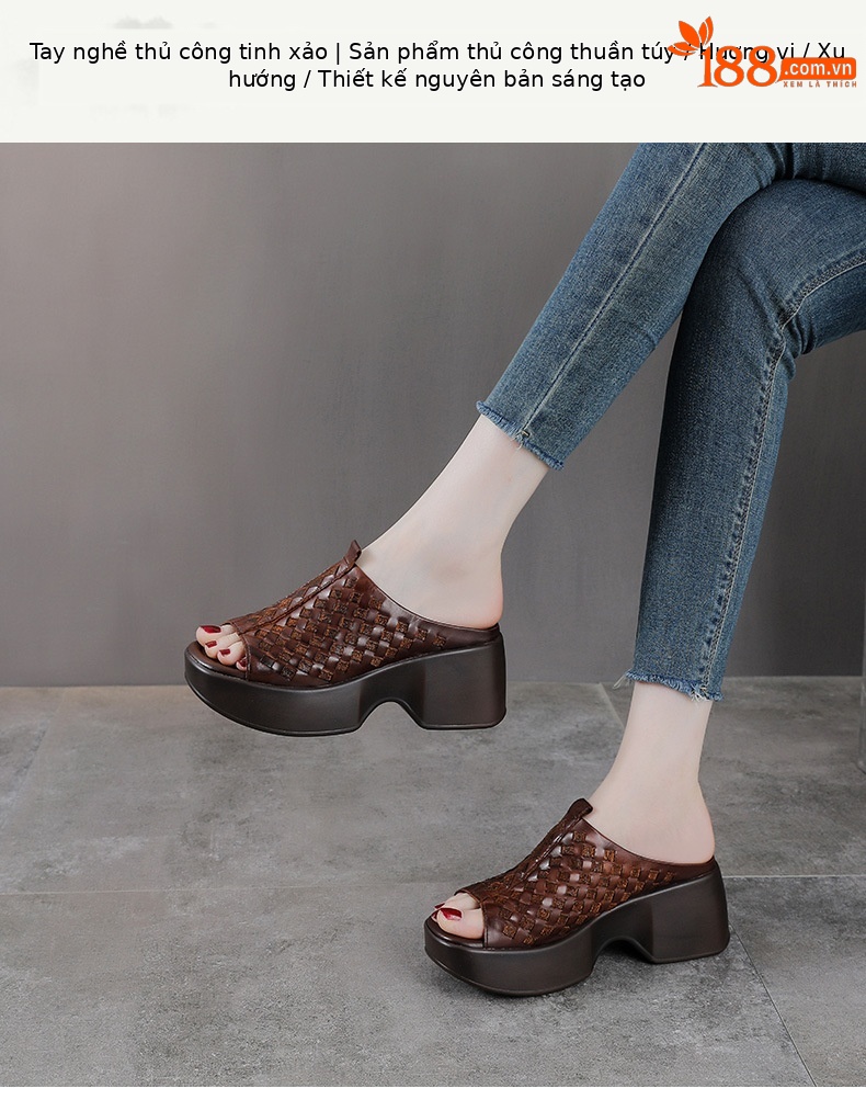 Sandal nữ da bò thật đế xuồng cao gót mũi hở kiểu dệt — màu nâu chi tiết 1