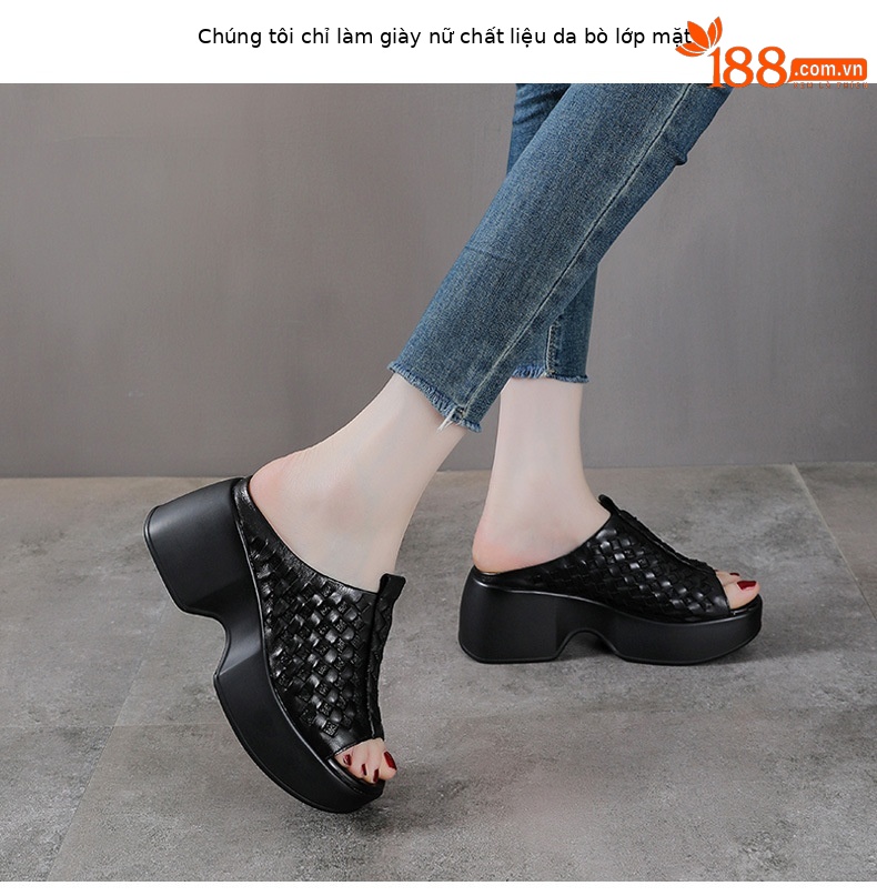 Sandal nữ da bò thật đế xuồng cao gót mũi hở kiểu dệt — màu nâu chi tiết 2
