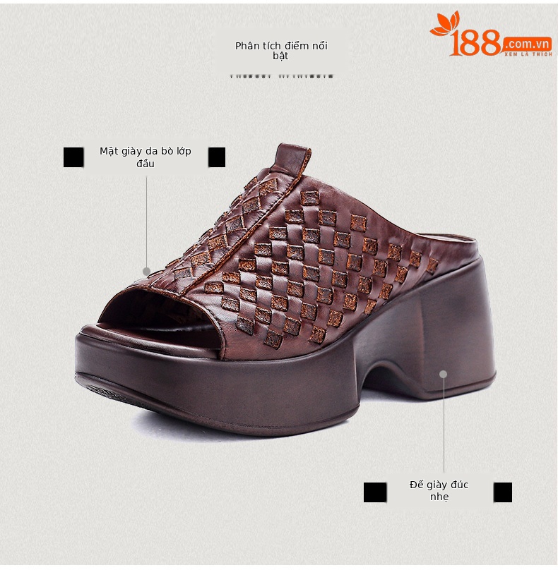 Sandal nữ da bò thật đế xuồng cao gót mũi hở kiểu dệt — màu nâu chi tiết 3