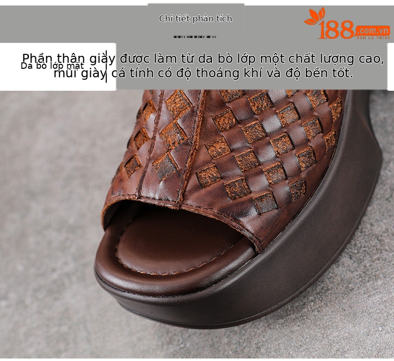 Sandal nữ da bò thật đế xuồng cao gót mũi hở kiểu dệt — màu nâu chi tiết 4