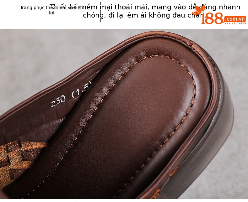 Sandal nữ da bò thật đế xuồng cao gót mũi hở kiểu dệt — màu nâu chi tiết 6