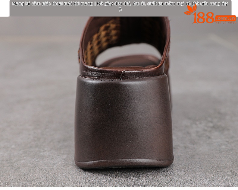 Sandal nữ da bò thật đế xuồng cao gót mũi hở kiểu dệt — màu nâu chi tiết 8