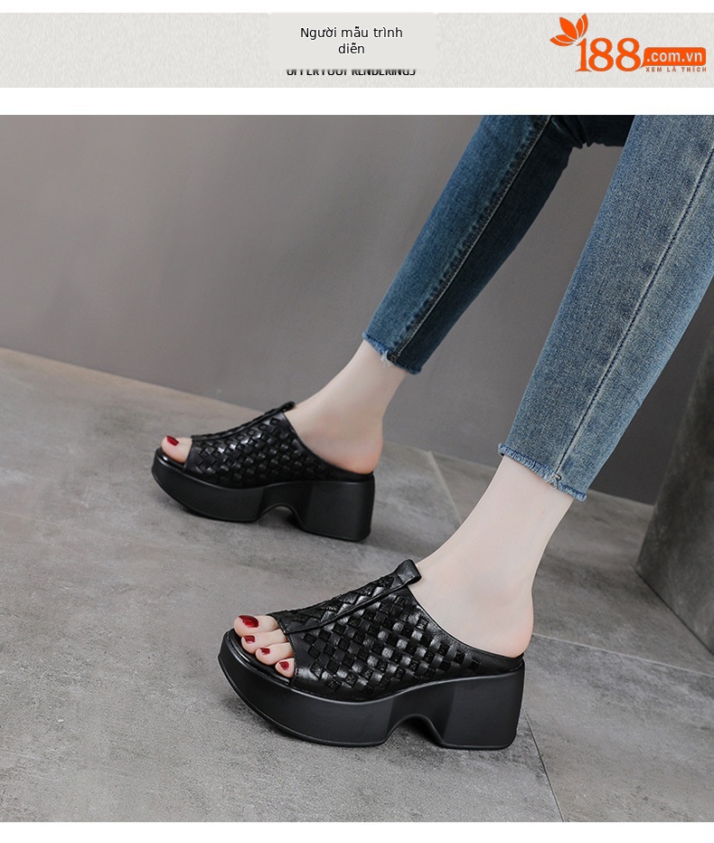 Sandal nữ da bò thật đế xuồng cao gót mũi hở kiểu dệt — màu nâu chi tiết 9