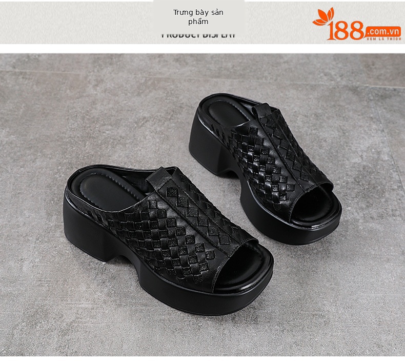 Sandal nữ da bò thật đế xuồng cao gót mũi hở kiểu dệt — màu nâu chi tiết 10