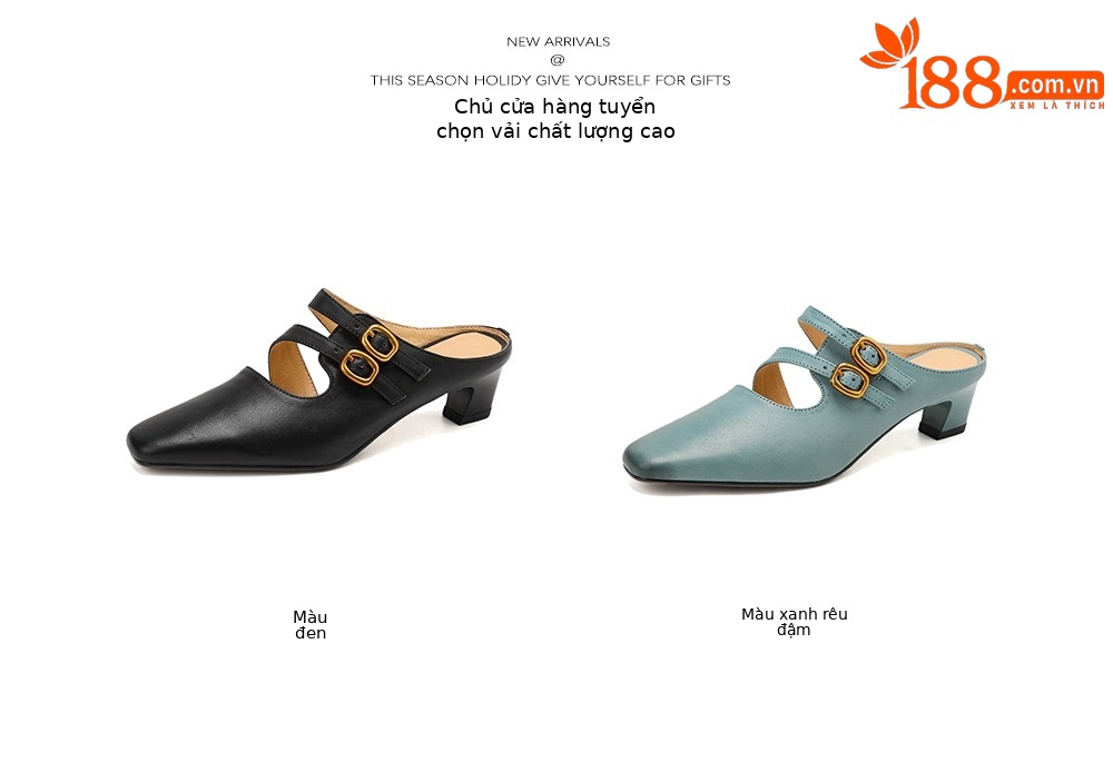 Sandal nữ quai ngang gót vuông ổn định, da bò thật, khóa sau, phong cách Muller — đen chi tiết 5