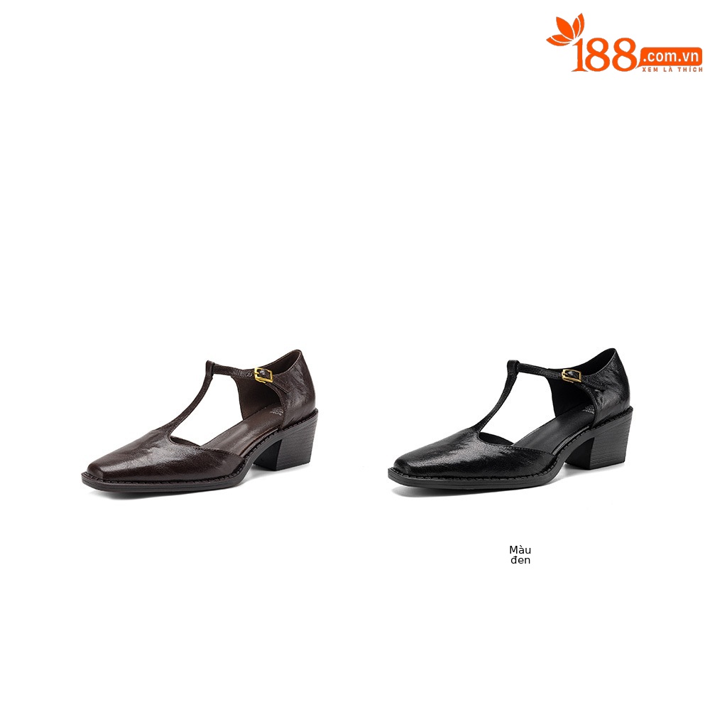 Sandal nữ quai ngang chữ T mũi nhọn gót vuông phong cách Anh retro — màu nâu chi tiết 5
