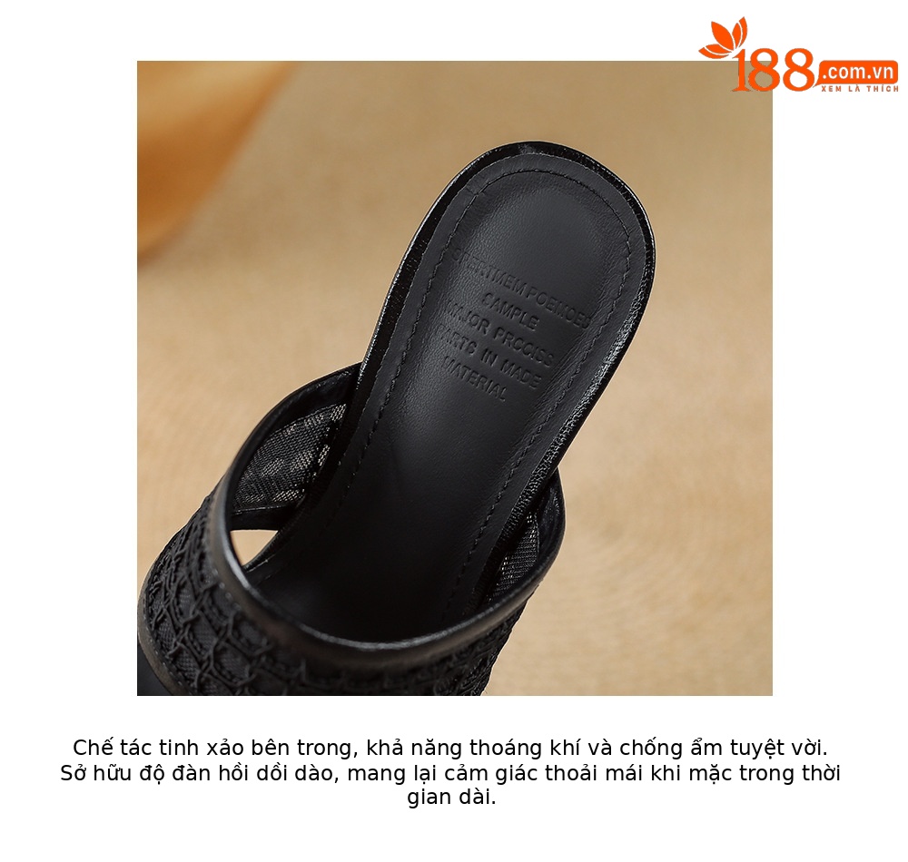 Sandal cao gót nữ đế xuồng mũi vuông đính đá quai ngang — màu đen, màu trắng ngà chi tiết 19
