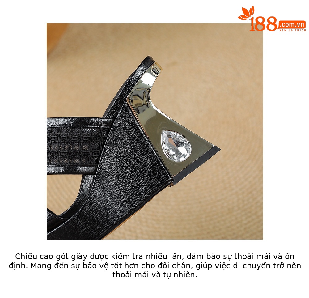Sandal cao gót nữ đế xuồng mũi vuông đính đá quai ngang — màu đen, màu trắng ngà chi tiết 20